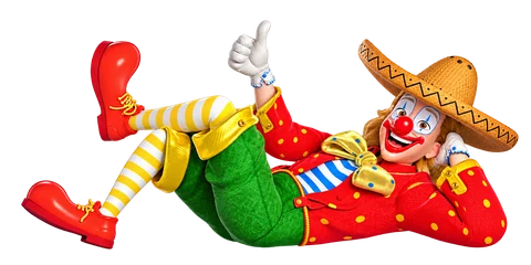 La mascota ilustrada del circo sonríe y levanta el pulgar.
