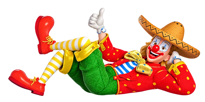 Mascota ilustrada de Suárez con sombrero, traje rojo y dorado, pantalones verdes y grandes zapatos rojos.